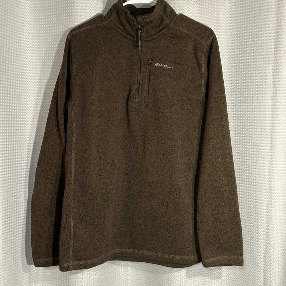 Eddie Bauer Men’s Sz. T-Lg sweater half zip Brown pullover w/ lft front zip pckt